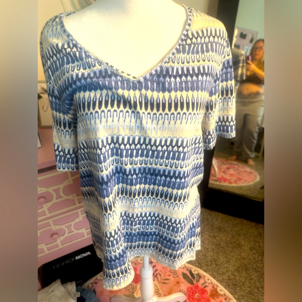 Chico's Navy and Cream Patterned Blouse